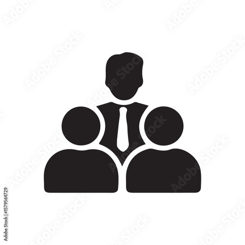 Business Leader Addressing a Group.Simple, black silhouette graphic of a leader figure standing amongst two other figures.