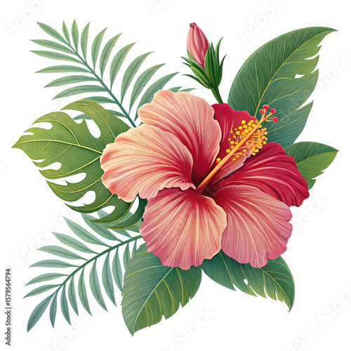 Vibrant Hibiscus Flower with Tropical Foliage Botanical Illustration Isolated On Transparent Background