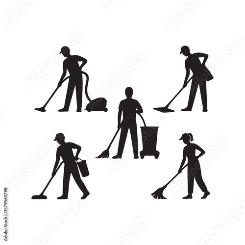 Diverse Cleaning Staff Silhouettes Performing Various Tasks.A collection of black silhouette figures, representing people performing various cleaning tasks.