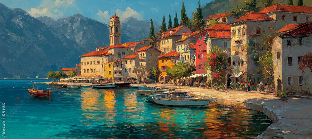 Naklejka premium Malownicza miejscowość nad wodą z kolorowymi domami, górami w tle i łodziami. Idealne miejsce na wakacje.