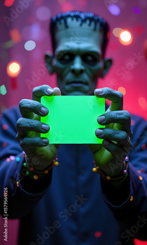 Green-skinned Frankenstein holding a blank card