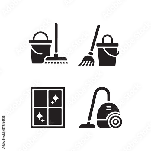 set of cleaning tools vector icon silhouetee on white background.A set of four black and white icons depicting common cleaning tools: a mop and bucket, a broom and bucket, a window cleaning, and a vac