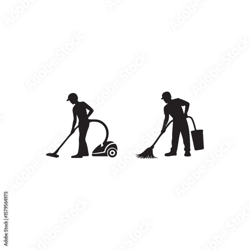 set of cleaning worker  vector icon silhouetee on white background.Two silhouette figures, likely janitors or cleaners, are depicted performing cleaning tasks.