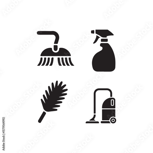 set of cleaning tools vector icon silhouetee on white background.A set of four simple, black and white icons depicting various cleaning tools.