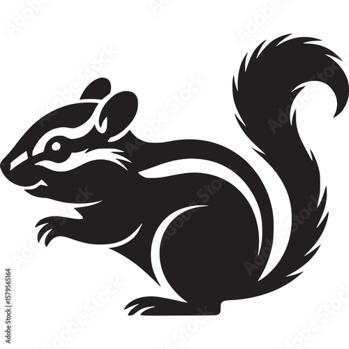 A stylized black and white illustration of a squirrel with a bushy tail on a plain background on transparent background