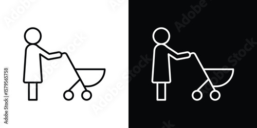 Woman with Baby Stroller icon outline. EPS 10 editable vector