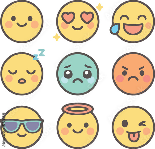 Cute Emoji Vector Set Expressing Various Emotions, Adorable emoji vector illustrations showcasing a range of human feelings and expressions for digital communication