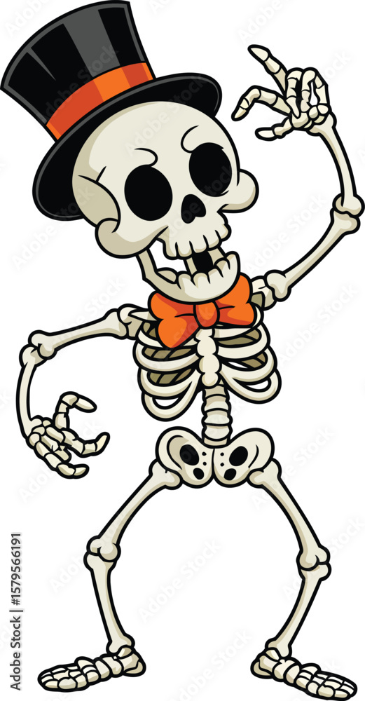 Fototapeta premium Halloween skeleton cartoon with top hat and orange bow tie illustration for party decoration