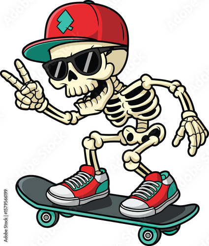 ACool skeleton cartoon riding skateboard with red cap sunglasses and sneakers illustration art

