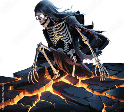 Skeleton in Black Cloak on Cracked Lava Ground Vector Illustration One Element for Fantasy Art

