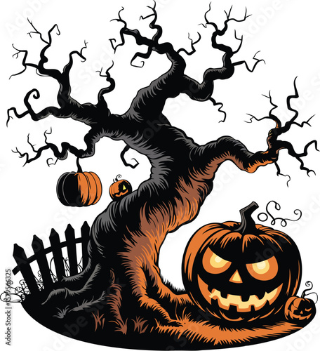 Halloween Spooky Tree with Three Pumpkins Vector Illustration for Haunted Holiday Design Elements

