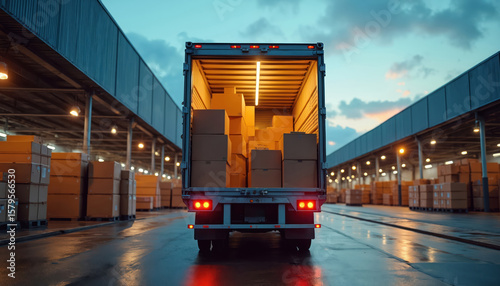 Delivery truck back view loaded with boxes, parked at warehouse facility during evening. Busy logistics operation with cargo, distribution, freight storage, industrial business. Urban transport