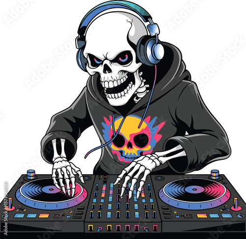 Skeleton DJ with Headphones Hoodie and Turntable One Element Cartoon Illustration for Party

