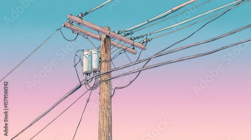 Pastel-toned utility pole against a vibrant sky