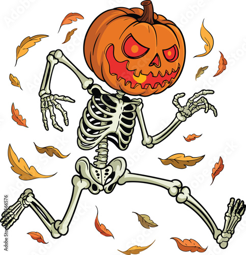 Halloween skeleton with pumpkin head cartoon running with autumn leaves illustration for spooky design

