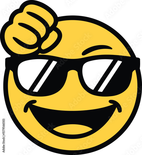 Cool emoji face cartoon with sunglasses and raised hand gesture illustration for fun digital design

