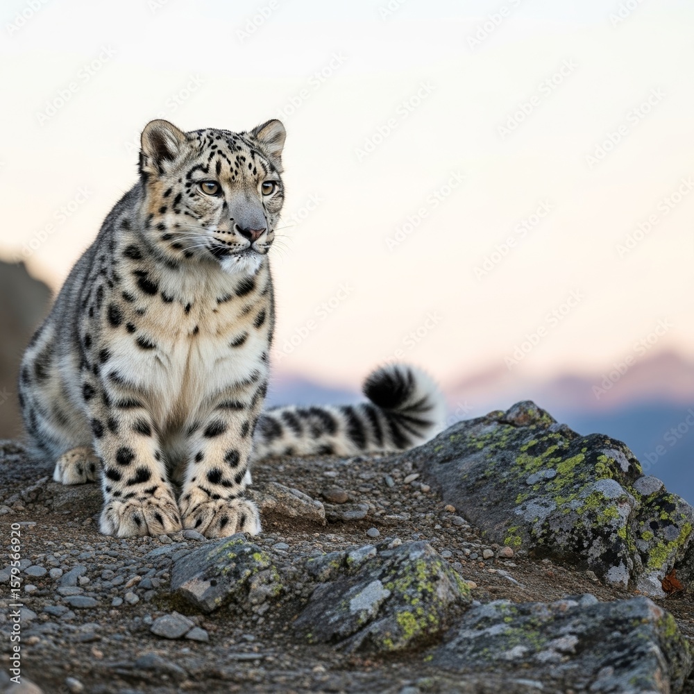 Obraz premium Snow leopard sitting on rocky terrain with mountains in background, concept of wildlife to illustrate the presentation 