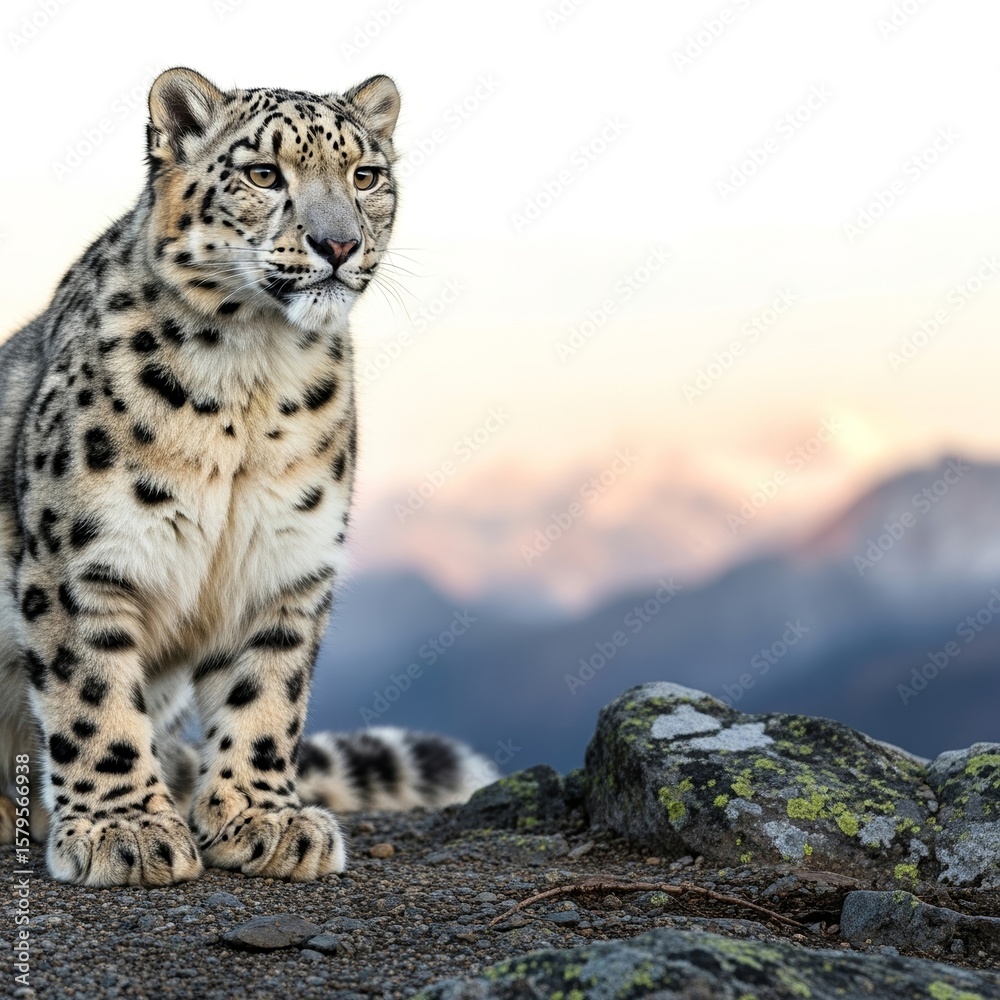 Snow leopard resting on rocky terrain with mountains in background Snow leopard resting on rocky terrain with mountains in background
