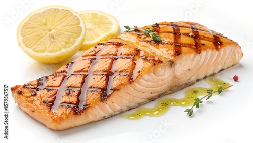 Grilled Salmon Fillet with Lemon Slices and Fresh Herb Garnish on White Background


