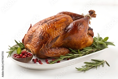 Roasted Turkey on White Platter Garnished with Fresh Herbs



