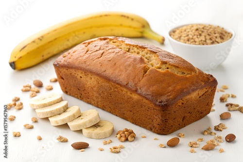 Banana Bread with Sliced Bananas, Almonds, and Granola on White Background


