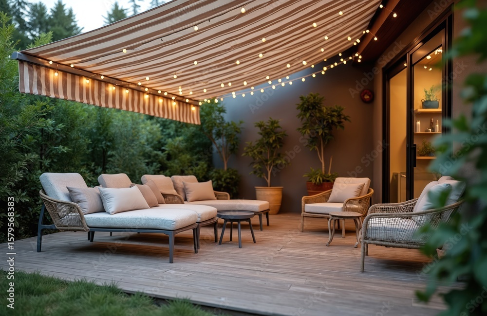 Fototapeta premium Stylish outdoor patio lounge area featuring comfortable wicker furniture with plush cushions under striped awning adorned with warm string lights. Serene garden backdrop enhances inviting relaxation