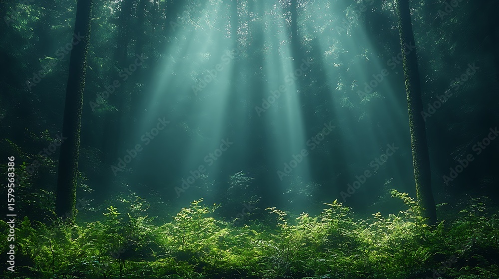 Obraz premium Sunlight streams through a misty forest