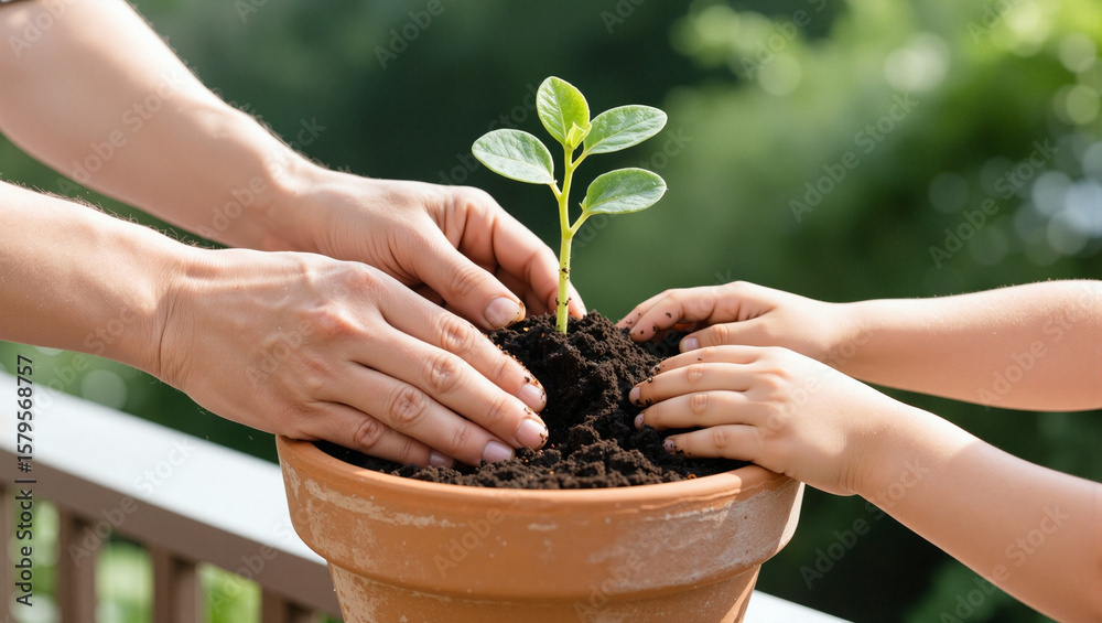 Fototapeta premium Hands planting seedling in pot on balcony, family nurtures young plant. Hands planting seedling represents growth and care, symbol of new beginnings, child assisting gardening.