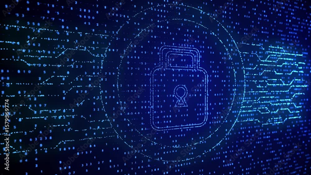 Cybersecurity background with glowing digital padlock made of binary numbers and blue data stream. Concept of encryption, secure data protection, firewall, or internet privacy. Ideal for tech