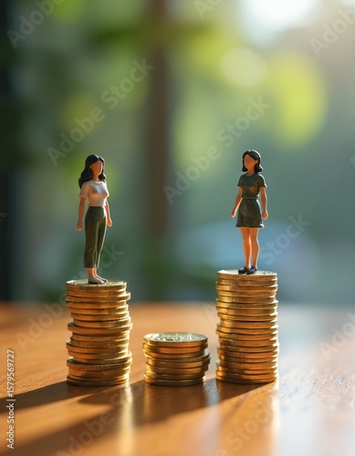 Two miniature female figures stand on stacks of coins illustrating gender pay gap. One figure stands on tall stack, on shorter stack, representing income disparity, financial inequality in workplace.