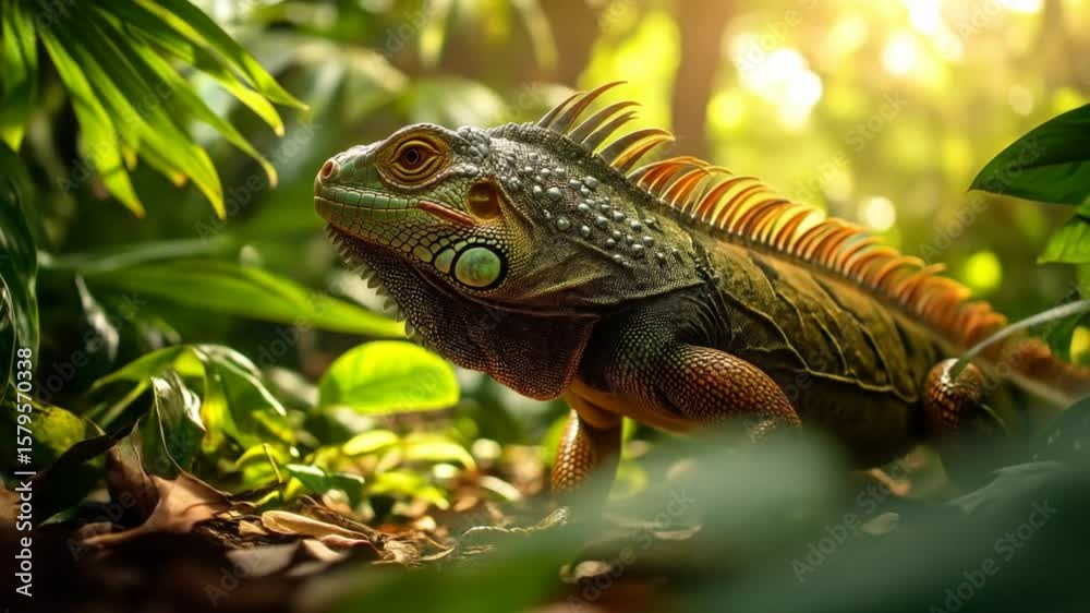 A detailed close-up of a green iguana within its natural habitat