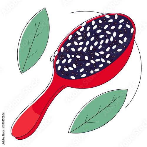 Spoon with chia seeds and leaves in a bright and simplistic design