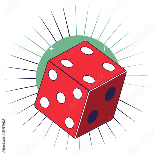Red dice with sparkles and dynamic rays in a playful design