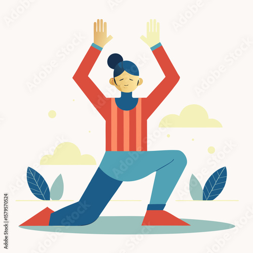 Person kneeling with hands raised in a peaceful pose in a colorful design