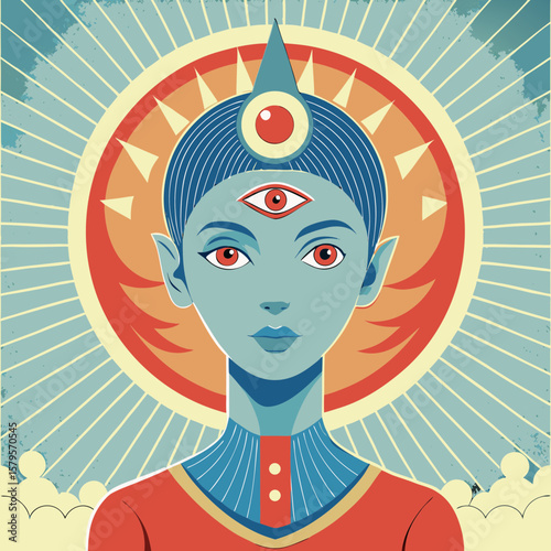 Person with a third eye in a vibrant and mystical illustration