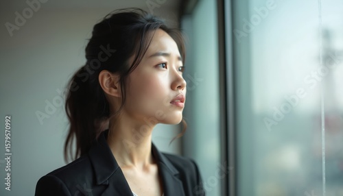Pensive Asian woman in black blazer stares out window. Contemplative mood, soft light, quiet interior space. Focus on emotion, introspection, gentle solitude. Calmness, stillness, thoughtful Free Download Pensive Asian woman in black blazer stares out window. Contemplative mood, soft light, quiet interior space. Focus on emotion, introspection, gentle solitude. Calmness, stillness, thoughtful - GFXLoad
