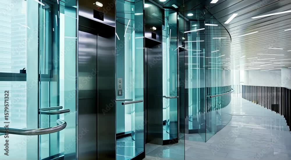 Modern office building interior featuring glass elevators and sleek architectural design elements