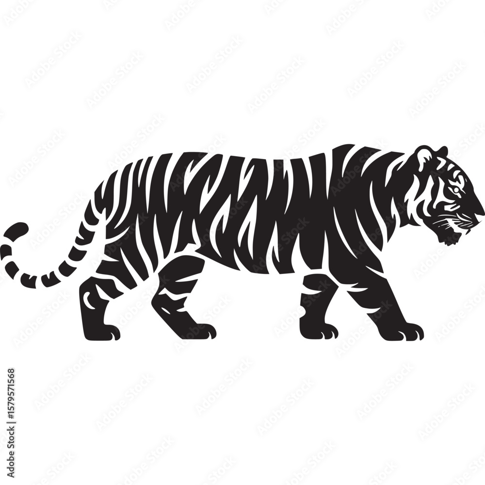 Naklejka premium Black silhouette of a tiger walking on a light gray background in a minimalist vector style art on transparent background
