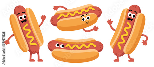 Cute cartoon hot dogs with faces and arms waving happily