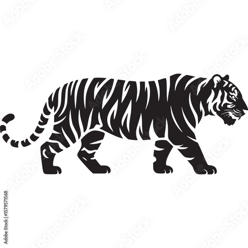 Black silhouette of a tiger walking on a light gray background in a minimalist vector style art on transparent background
