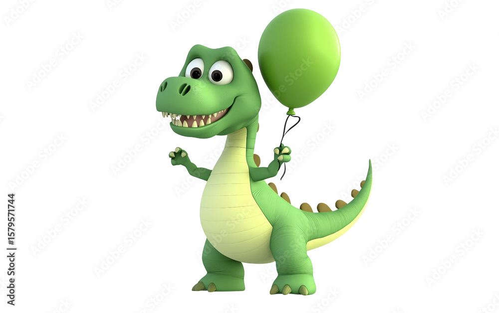 Naklejka premium Cartoon dinosaur holding a pastel-colored balloon with a gentle smile in a cute and playful scene isolated on transparent background PNG