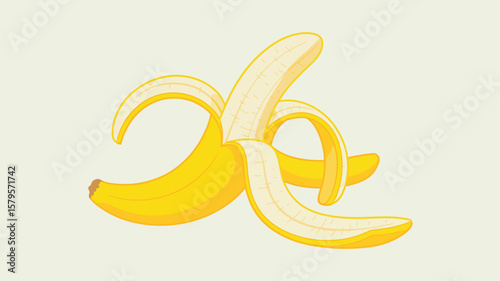 A bright yellow banana is peeled open on a light cream background