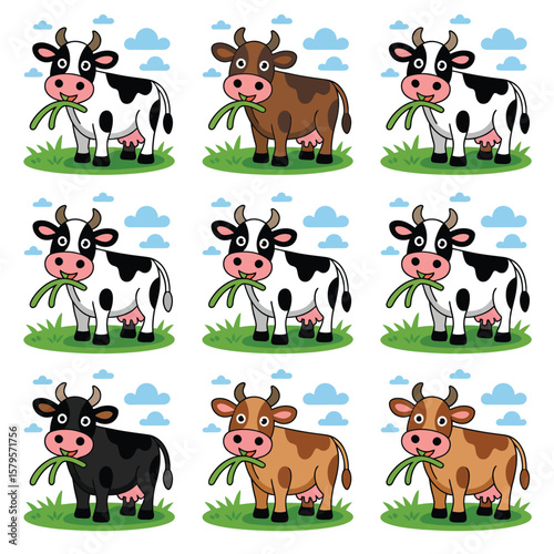 Collection of nine cartoon cows in different colors eating grass on a field