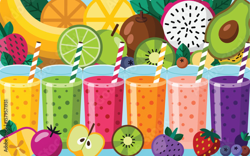 Colorful assortment of fresh fruit smoothies in glasses with straws surrounded by whole and sliced fruits