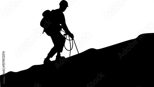 A bold, stylized silhouette of a mountaineer descending a steep slope using a rope system. The figure is positioned in the upper third of the frame, allowing extra white space below to emphasize verti
