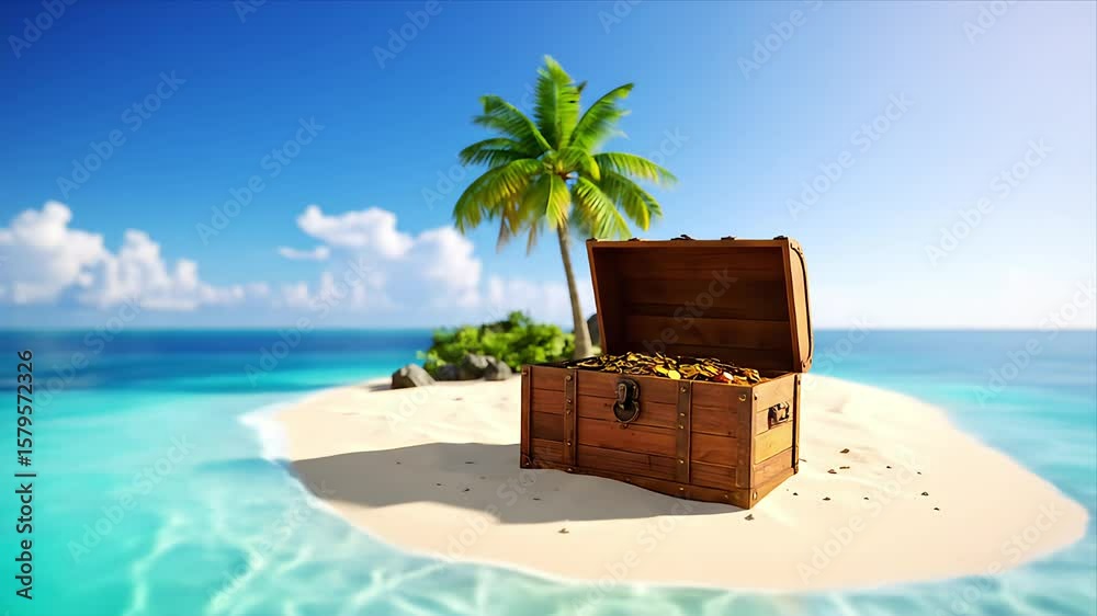 An open treasure chest on a sandbar by the ocean under a palm tree