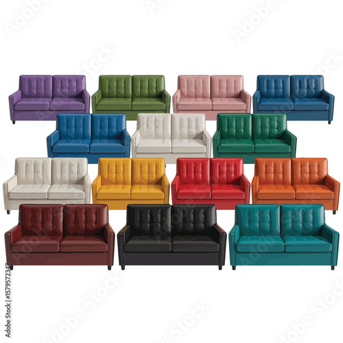 Collection of colorful modern sofas arranged in rows on a white background