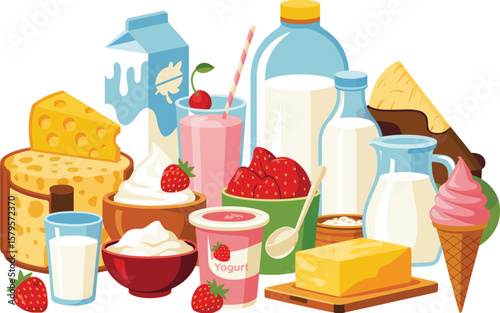 Assortment of delicious dairy products and fresh strawberries on white background
