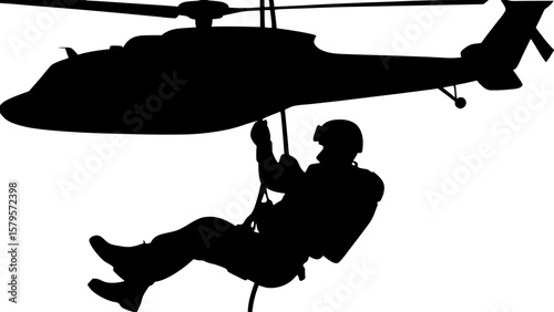 Graphic silhouette of a figure suspended mid-air while rappelling from a helicopter. The rope dangles vertically from above, and the person wears tactical gear and a helmet. The white background ensur