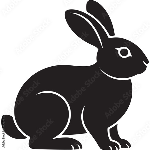 A simple black silhouette of a rabbit with long ears sitting on a white background looking to the right on transparent background